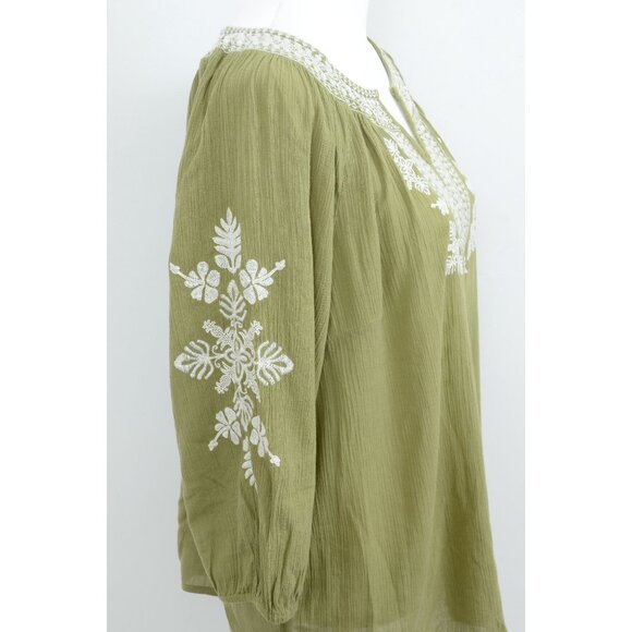 Talbots Olive Green Embroidered Peasant Blouse Size M Cotton 3/4 Sleeve Boho - Picture 3 of 8